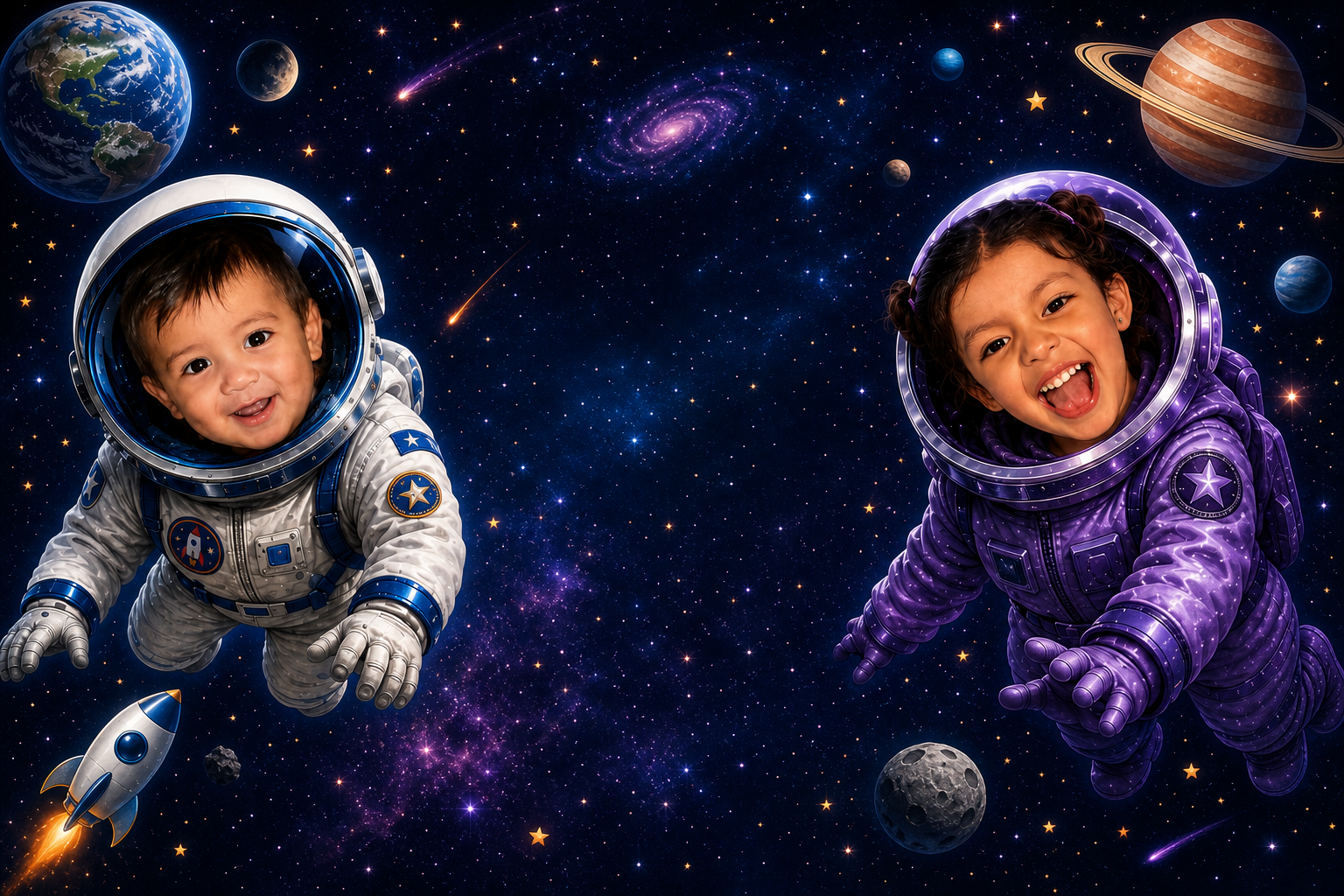 Portada espacial con Adrián y Amelia vestidos de astronautas